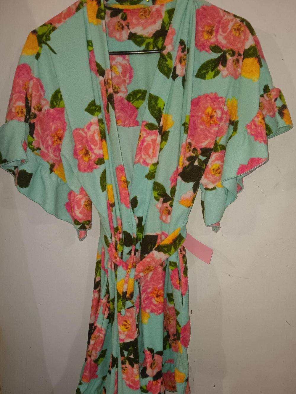 Betsey Johnson Mint Floral Wrap Robe with Pink & Yellow Blooms
